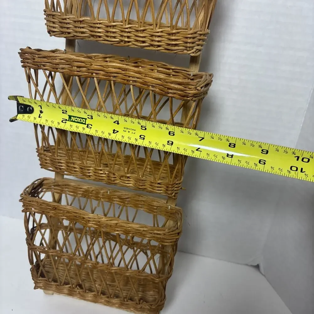 Vintage Boho Rattan Wicker Hanging Mail 3 Pocket Organizer 22